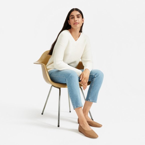 Everlane The Link-Stitch V-Neck Sweater Small Ivory Cream Bone Off White Cotton - Picture 1 of 14